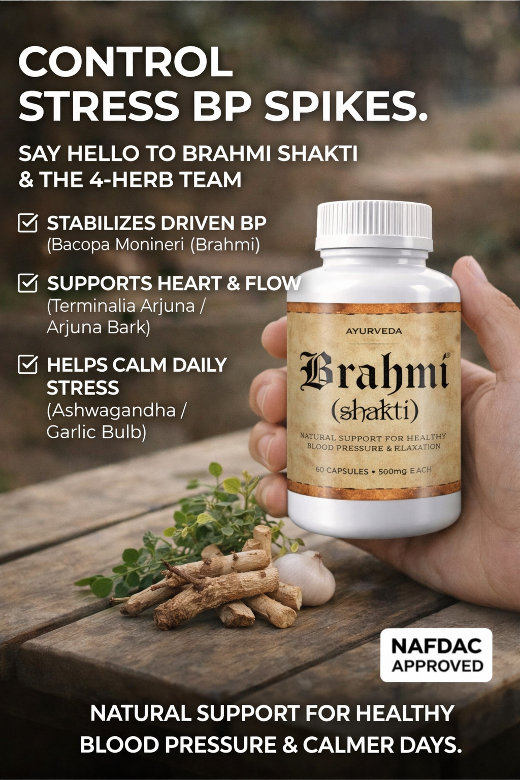 Brahmi Shakti 4-herb team — Bacopa, Terminalia Arjuna, Ashwagandha, Garlic Bulb